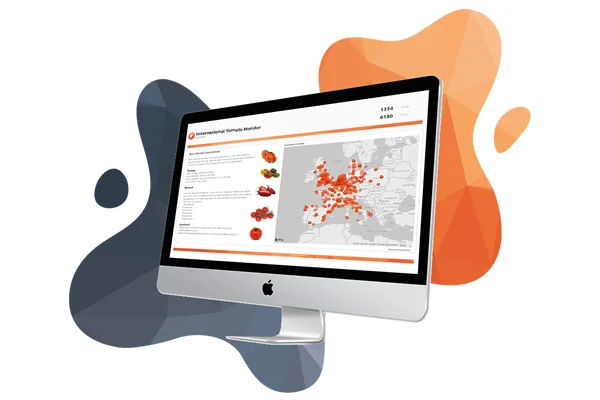 The International Tomato Monitor dashboard, showing a map of tracked European outlets and tomato variety data
